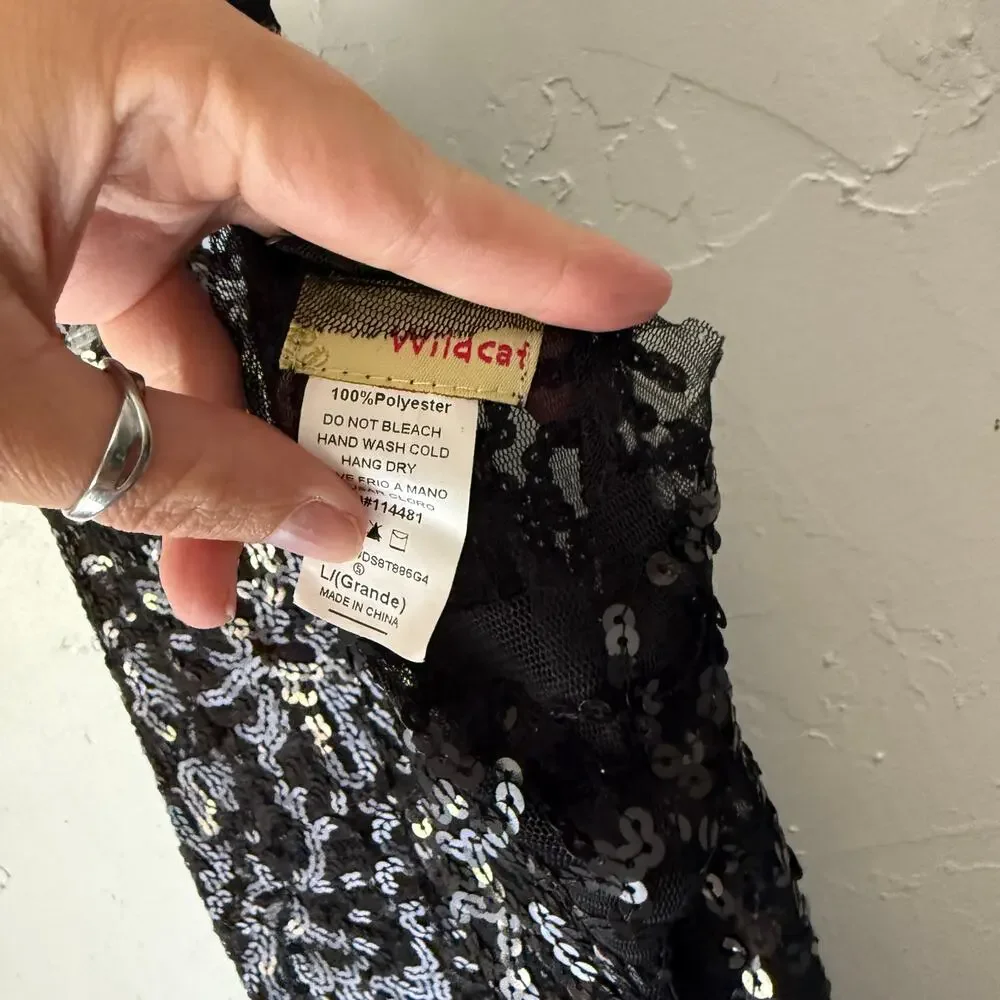 Wildcat Black Sequin Tank Top L‎ Y2K Fairy Grunge Mesh Going Out Top